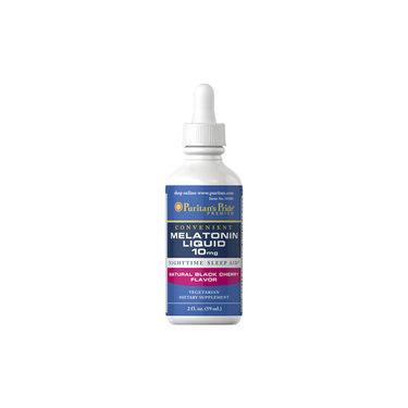 Puritan's Pride Melatonin Liquid 10 mg, Black Cherry Flavor, 59 ml is a vegetarian supplement that enhances sleep quality and alleviates jet lag.